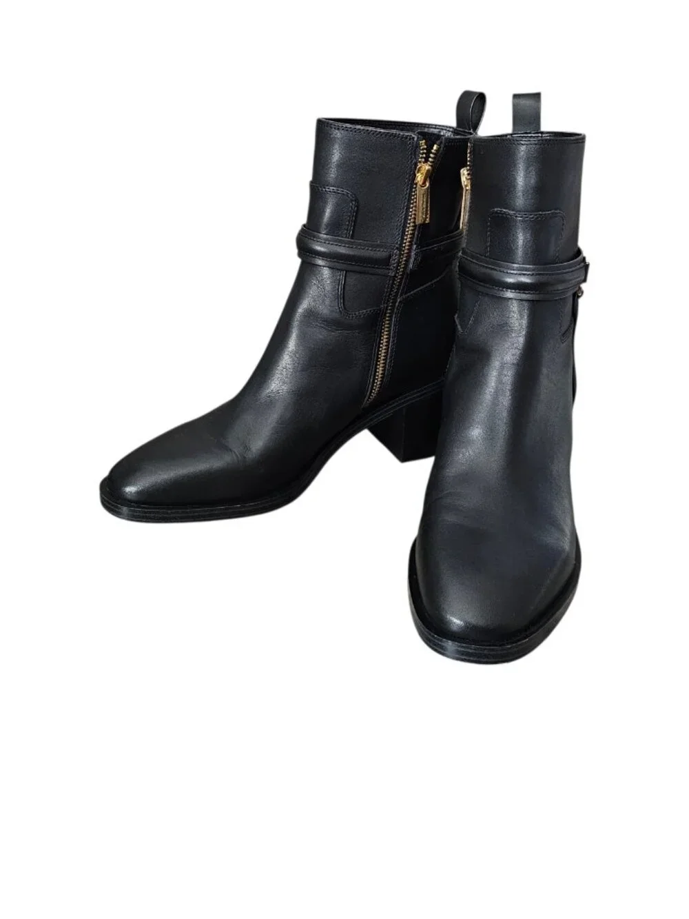 Michael Kors Mindy Black Leather Ankle Bootie Boots Gold MK Block Heel 10 New